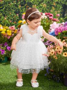 SHEIN 嬰幼女優雅材質彩點網紗洋裝，配褶邊和碎花拼接，公主風格 - 白色 - 查看 6