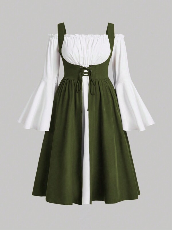 Sweetra Maxikleid großer Größen für Damen mit Schulterfreiem Glockenärmel, Falten und 2-in-1 Design
