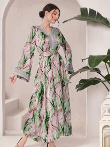 Al Najma Vestido De Manga Larga Con Cuello En V Acanalado Y Estampado De Plantas Para Mujer