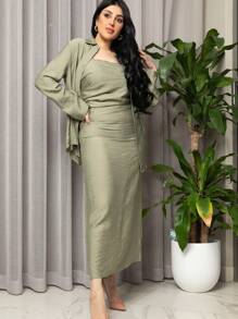 Mulvari Damen Einfarbige Langarm Bluse Und Kleid Set