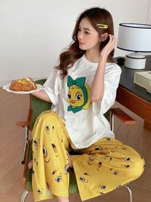 DAZY 可爱卡通印花宽松白色上衣和裤子睡衣套装夏季 - 白色 - 查看 10