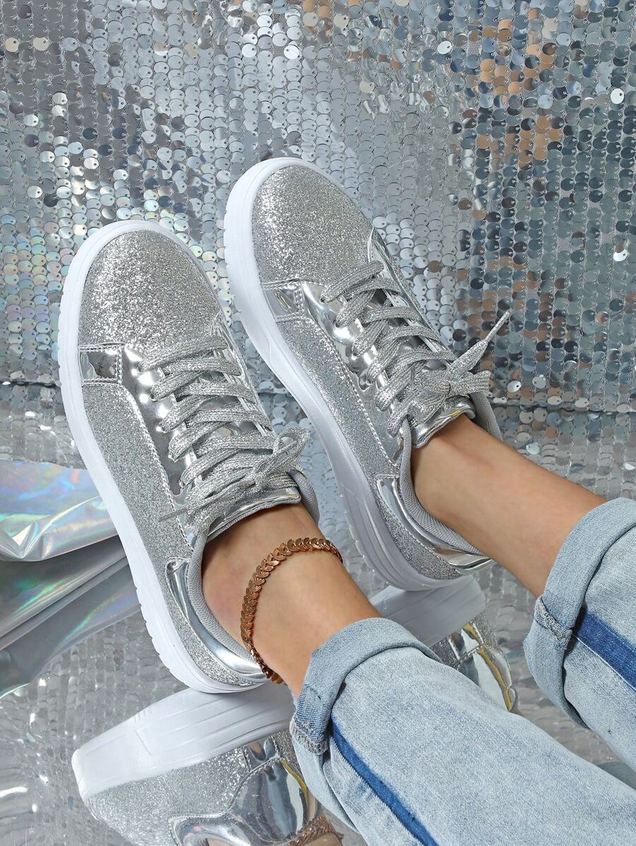 Zapatos Deportivos Plateados De Lentejuelas De Moda Cómodos Y Casuales Para Mujeres, Zapatos Para Correr Y Caminar, Estilo Universitario De Calzado Para Estudiantes Brillantes - Plateado - Ver 1