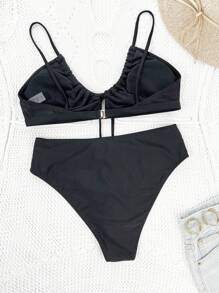SHEIN Swim Bộ Bikini hai mảnh có dây buộc chéo phía trước đi biển mùa hè dành cho nữ - màu đen - Xem 3