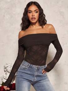 SHEIN x Carly Lawrence SHEIN BAE Sexy See-Through Lace Splicing Off Shoulder Long Sleeve T-Shirt For Romantic Valentine's Day Date,Ladies Sexy Ruched,Sheer Regular Sleeve Off The Shoulder Slim Fit Coffee Brown Plain Women Tops,Spring/Fall,Casual Daily Wear