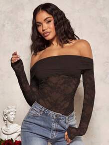 SHEIN x Carly Lawrence SHEIN BAE Sexy See-Through Lace Splicing Off Shoulder Long Sleeve T-Shirt For Romantic Valentine's Day Date,Ladies Sexy Ruched,Sheer Regular Sleeve Off The Shoulder Slim Fit Coffee Brown Plain Women Tops,Spring/Fall,Casual Daily Wear