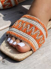 WRCVS 女士刺绣编织平底拖鞋，波西米亚风花卉印花随机图案平底凉鞋，适合派对、假日穿着，春夏穿搭 - 橘色 - 查看 7