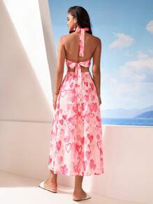 GENKIRA Romantic Heart Print Cross Halter Waist-Baring Vacation Dress - Multicolor - View 2