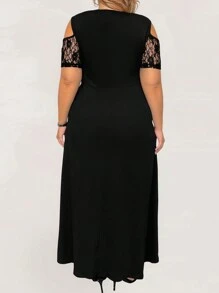 Vestido de cóctel elegante de noche con parches de encaje en cuello de pico y manga corta, outfit de mujer de talla grande vendido a precio especial - Negro - Ver 2