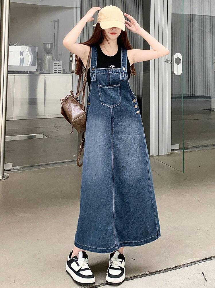 DAZY Long Denim Pinafore Dress | SHEIN USA