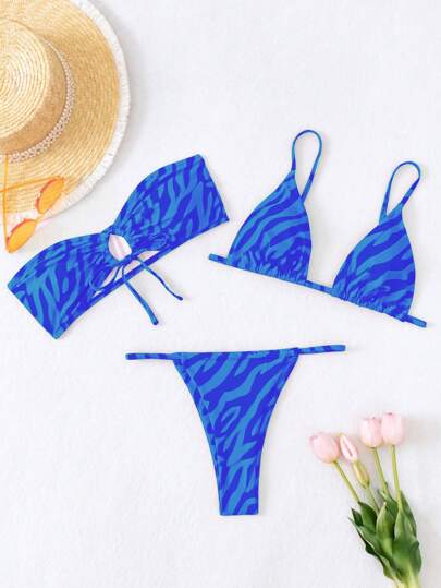 SHEIN Swim مجموعة بكيني قطعتين بطبعة شريط الزيبرا للشاطئ الصيفي