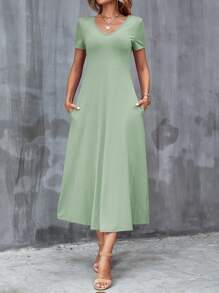 SHEIN Clasi Women's Simple Solid Color V-Neck Short Sleeve Dress With Pockets - Mint Green - View 3