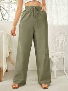 SHEIN Essnce Solid Color Elastic Waist Slant Pocket Straight Leg Pants - Army Green - View 4