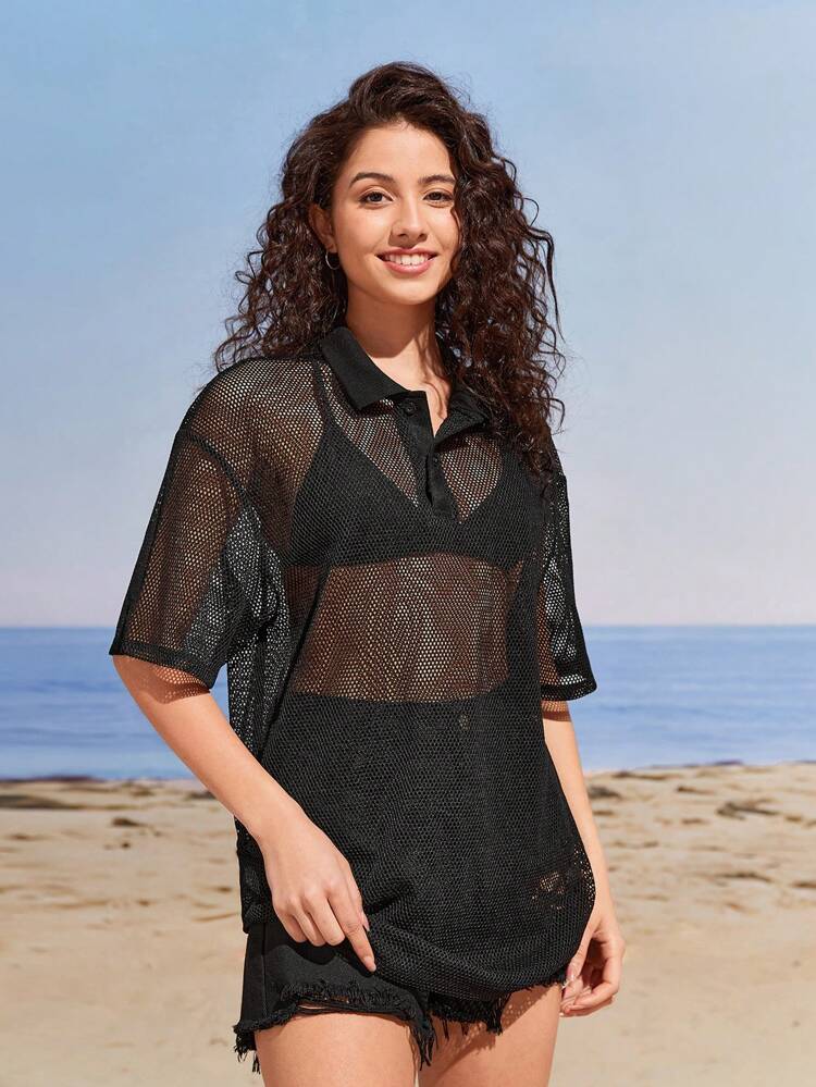 Knitted Hollow Out Drop Shoulder Short Sleeve Polo Shirt