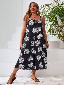 SHEIN VCAY Plus Size Plant Printed Sleeveless Wide Leg Jumpsuit - Multicolor - View 5