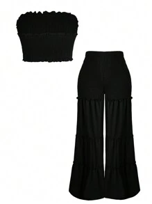 Breezaya Plus Size Women's Textured Strapless Top And Flared Pants Two Pieces Set