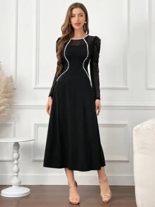 Modelyn Vestido feminino com decote redondo e contraste de renda e manga gigot, roupa maxi feminina, vestidos longos de noite - Preto - Ver 8