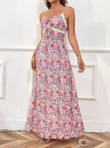 SHEIN Unity 女士花卉印花细肩带连衣裙 长款女士装 粉色花卉连衣裙 长款花卉连衣裙 - 玫紅色 - 查看 6