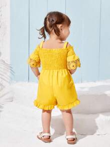 SHEIN 寶寶女孩褶皺荷邊連體褲 - 黃色 - 查看 2