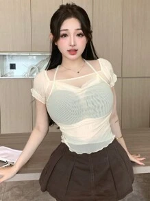 Dazy Designer Women's Solid Color Halter Neck Loose Fit Short Sleeve Top With Sheer Design, Summer - Beige - View 7