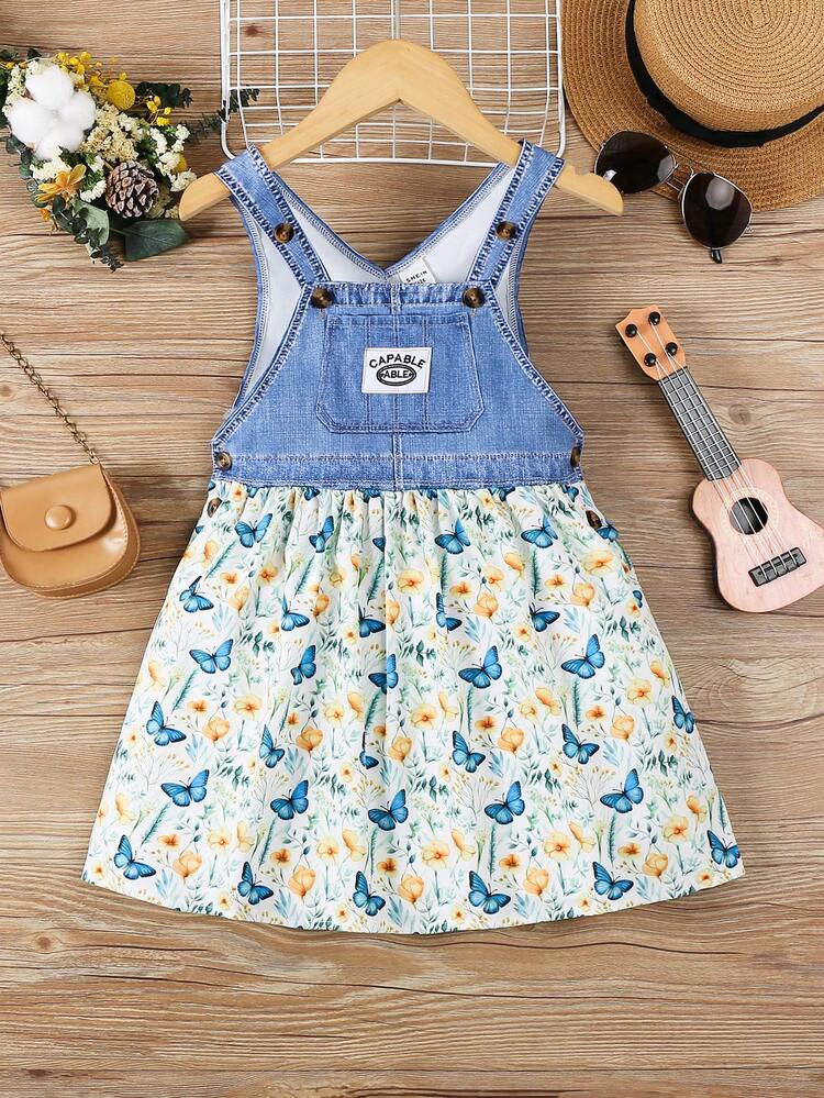 Young Girl Denim Effect Casual, Elegant Holiday Dress For Spring/Summer