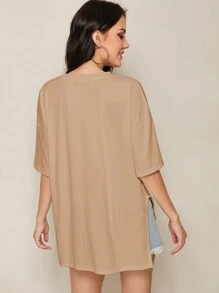 SHEIN Essnce Ladies' Solid Color Side Split Drop Shoulder Tee - Camel - View 2