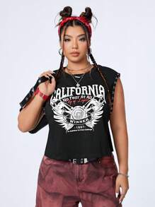SHEIN EZwear CURVE Camiseta De Tirantes Casua Con Diseño De Alas De Motocicleta Y Letras En Talla Grande - Negro - Ver 5