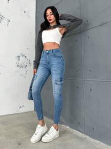 RueChic Women's Workwear Pockets Light Washed Denim Rolled Up Hem Skinny Jeans - Light Wash - View 1