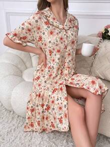 CottageSlumber 花卉印花纽扣式荷叶边下摆睡衣睡裙，节日季 - 彩色 - 查看 6