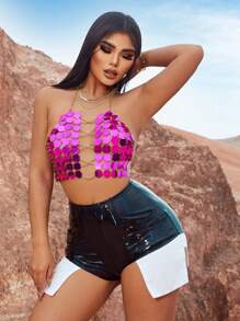 SHEIN SXY Concert Music Festival Outfits Colorblock Pu Leather Shorts - Black - View 6