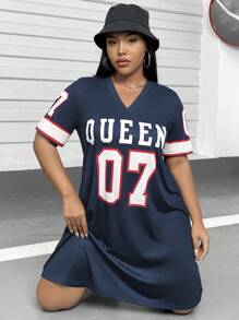 Flirla 大尺碼字母和數字印花v領休閒連衣裙 - 彩色 - 查看 1