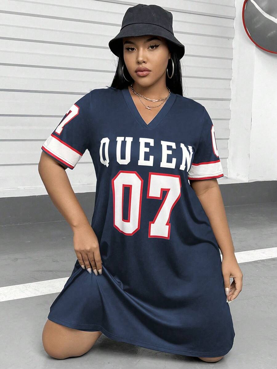 Flirla 大尺碼字母和數字印花v領休閒連衣裙 - 彩色 - 查看 1