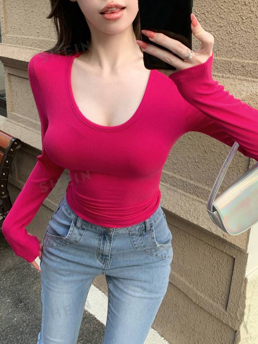 DAZY Damen Einfarbiges Slim Fit Langarm T-Shirt mit weitem Rundhalsausschnitt, Kleidung für den Schulanfang - Heißes Pink - Übersicht 1