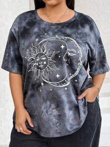 SHEIN CURVE+ 大码扎染太阳和月亮印花宽松落肩夏季 T 恤 - 灰色 - 查看 6