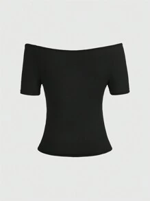 ROMWE Fairycore Camiseta con estampado de estrella de hombros descubiertos - Negro - Ver 2