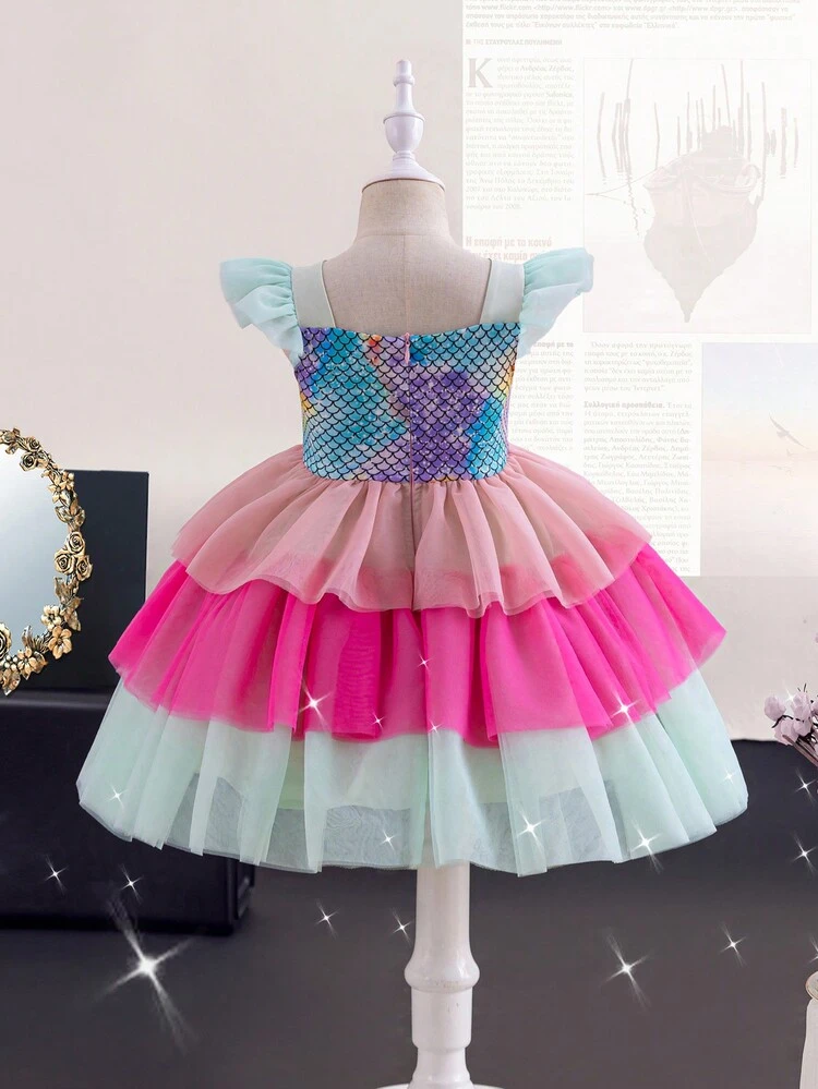 Young Girl Wedding Season Scaly Fish Print Contrast Mesh Layered Dress With Cap Sleeves