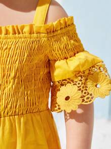 SHEIN 寶寶女孩褶皺荷邊連體褲 - 黃色 - 查看 6