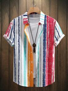 Men's Contrast Color Striped Button Front Short Sleeve Shirt