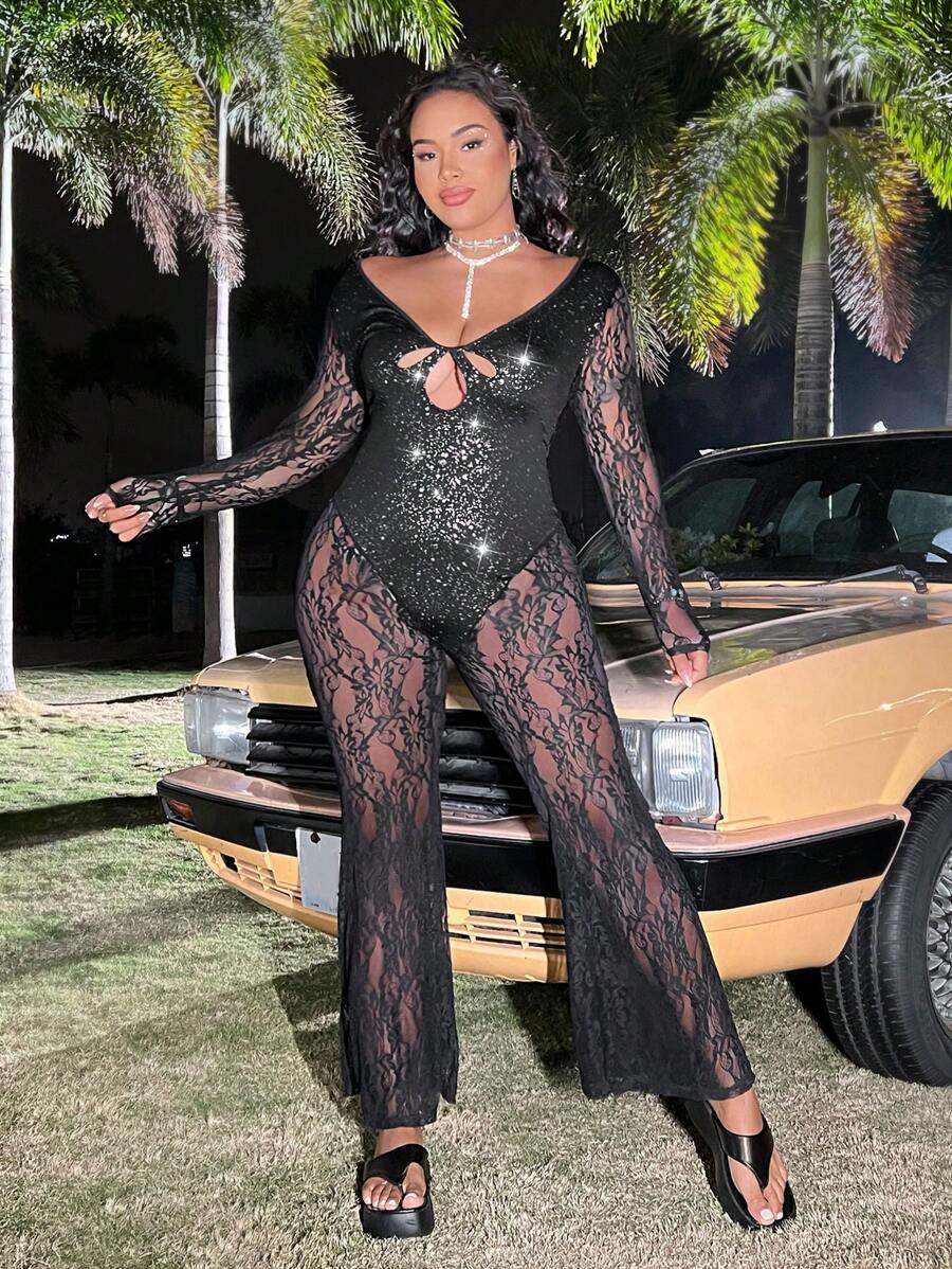 Flirla 大尺碼女用優雅復古蕾絲長袖連身褲 - 黑色 - 查看 1