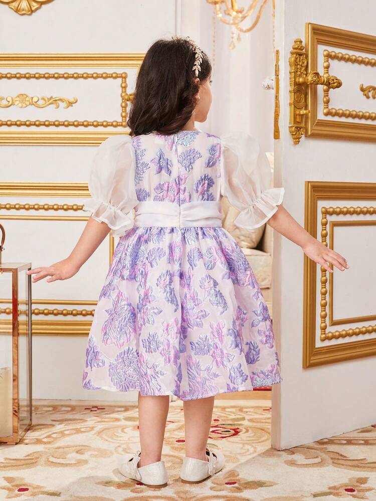 Young Girl's Gorgeous Mesh & Jacquard Patchwork Puff Sleeve Dress With Sheer Sleeve, Round Neck