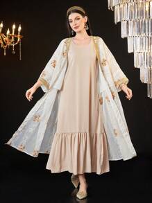 Al Najma 2 件套纯色无袖连衣裙搭配刺绣夹克，适合节日/聚会的穆斯林时尚长袍，优雅奢华的晚会风格 - 彩色 - 查看 6