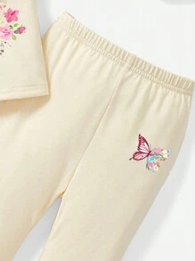 Conjunto de camiseta con mangas cortas y pantalones acampanados para niña bebé con patrón de conejo y flores, diseño casual y sencillo, adecuado para primavera y verano - Beis - Ver 4