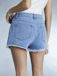 Forever 21 Women's Metal Frayed Hem Rivet Embellished Denim Shorts With Distressed Effect - Blue - View 2