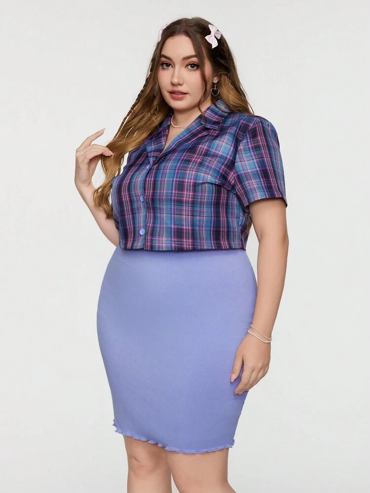 Plus Size Women's Plaid Shirt And Solid Color Dress Two Pieces Set