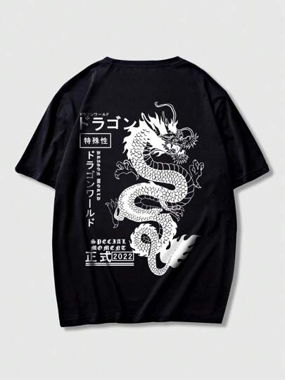 Anime Camiseta con estampado de dragón estilo Y2K para hombres, estilo de los años 2000
