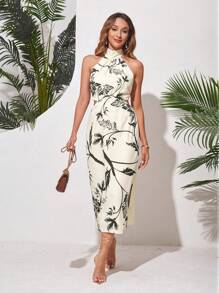 Aveloria Plant Print Backless Halter Neck Sleeveless Dress With Tie At Waist - Multicolor - View 5