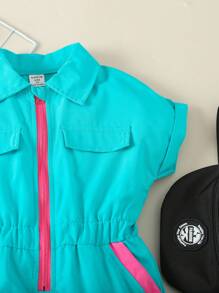 SHEIN Young Girl Casual Spring/Summer Color Block Jumpsuit With Pockets - Green - View 3