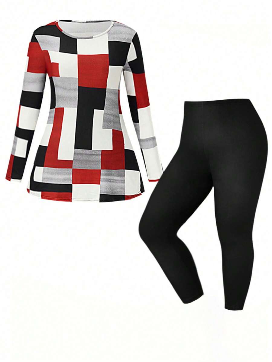 EMERY ROSE 大尺碼女士幾何圖案長袖t恤和緊身褲套裝 - 彩色 - 查看 1