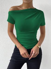 Elenzga Camiseta Ajustada Con Cuello Asimétrico Fruncido De Color Sólido - Verde Oscuro - Ver 4