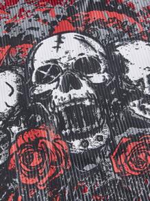 ROMWE Grunge Punk Skull & Floral Print Chain Detail Cami Top, School - Burgundy - View 3