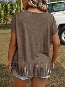 EMERY ROSE Plus Size Casual T-Shirt With Tassel Hem - Coffee Brown - View 2
